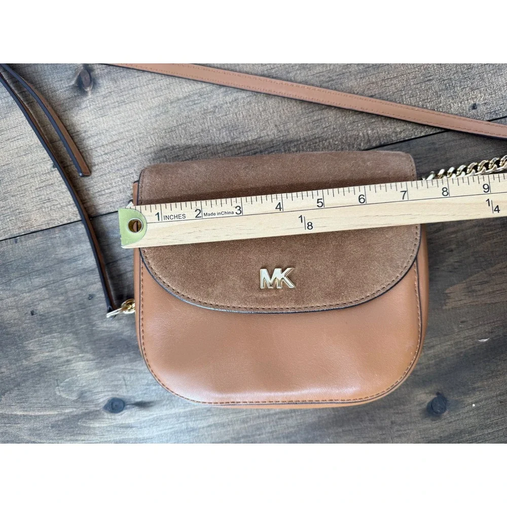 Michael Kors Tan Leather Suede Saddle Crossbody Bag Gold Chain Logo Brown Small